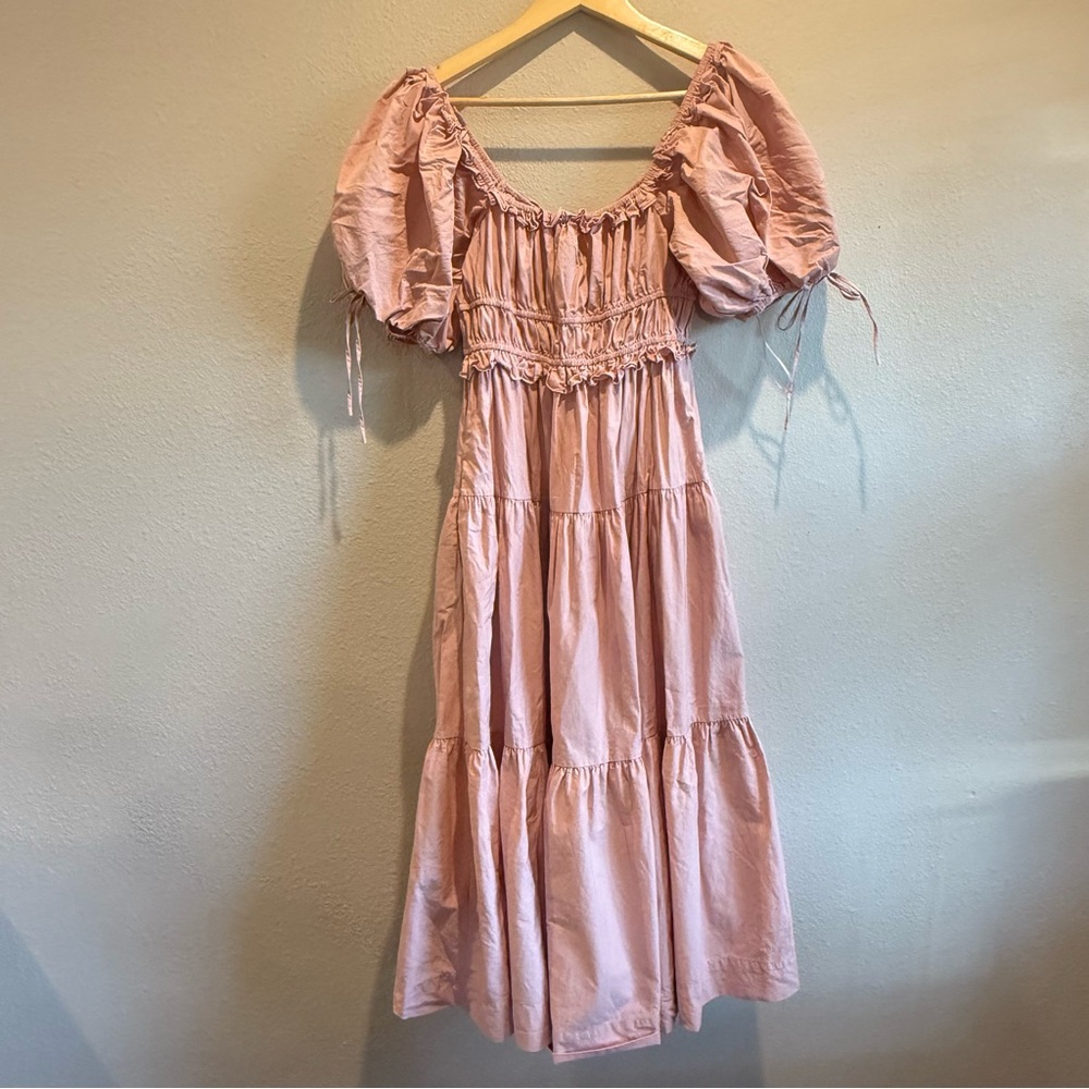 En Saison Poplin Cotton Midi Dress Puff Sleeves Tiered Shirred XS Boho Pink - Picture 2 of 7